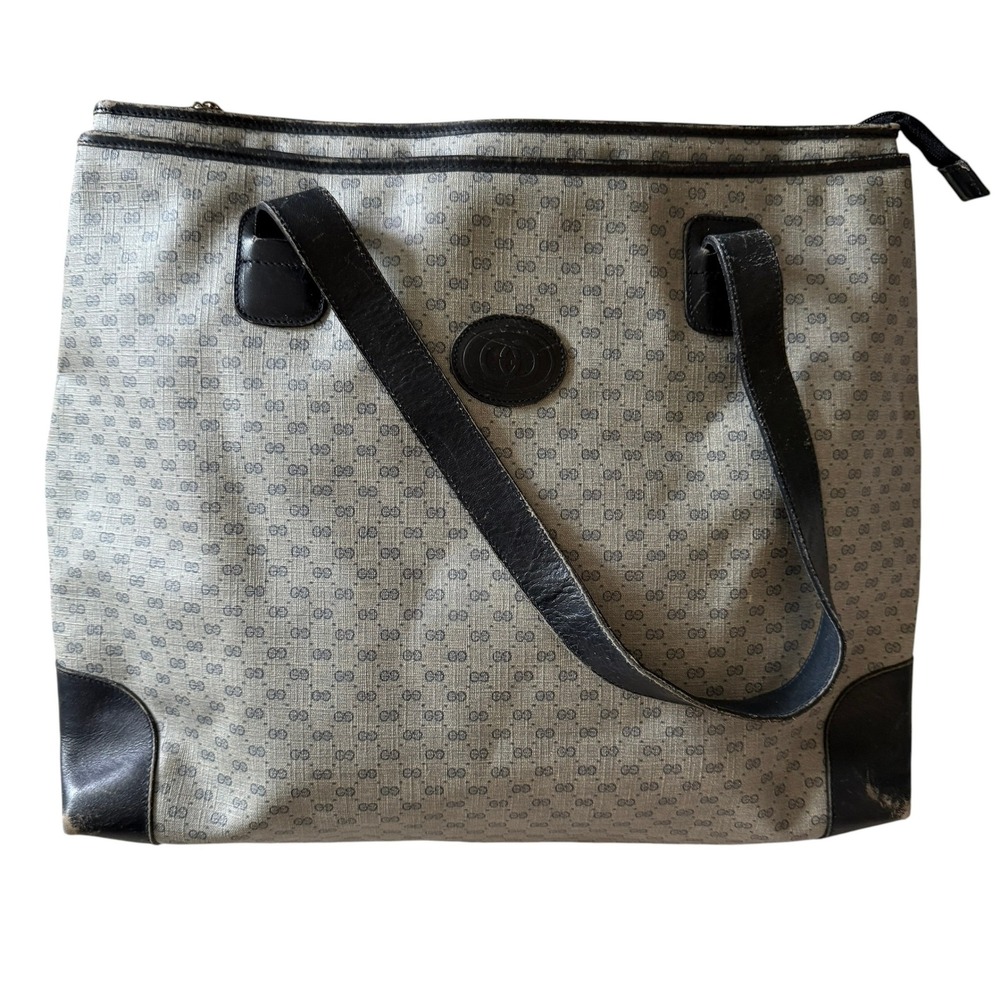Gucci Vintage Micro GG Plus Tote Bag Gray Coated Canvas Black Leather Trim